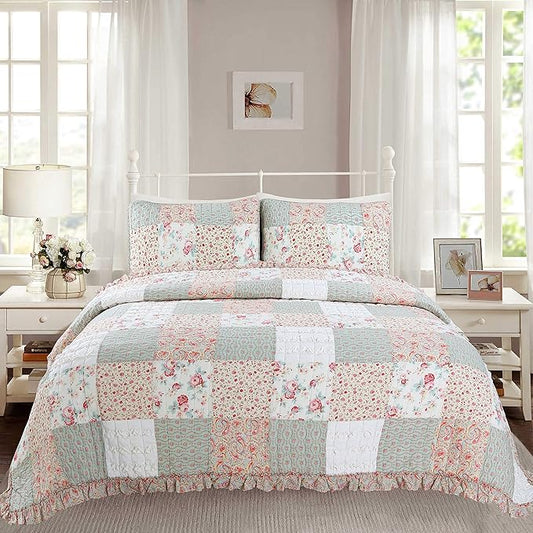 Cozy Line Home Fashions 100% Cotton Real Patchwork Floral Coral Pink Ruffled Shabby Chic Girly Reversible Quilt Bedding Set, Coverlet Bedspread (Sweet Roses, King - 3 Piece)