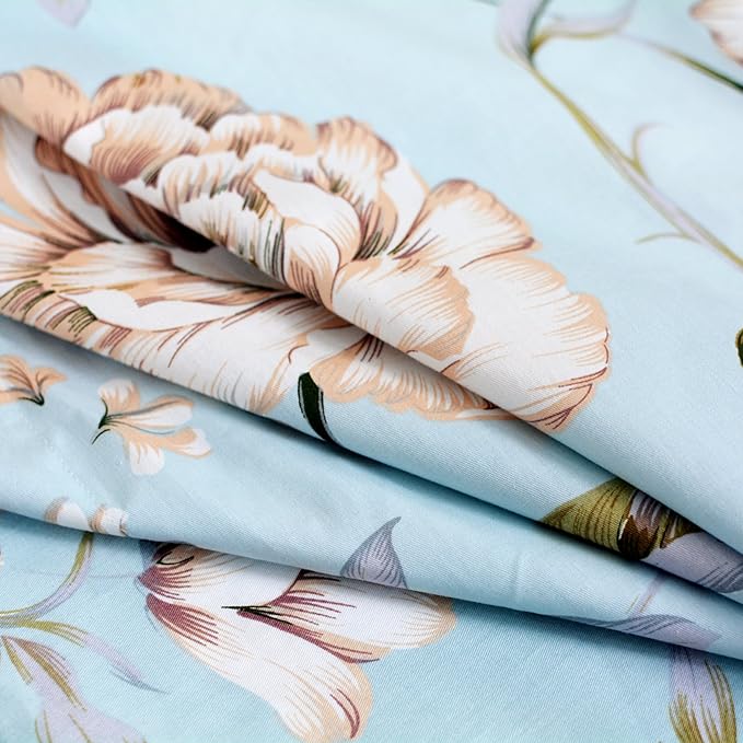 FADFAY Shabby Floral Bed Sheet Set Farmhouse Bedding Blue Cotton Winter Bedding Deep Pocket Sheets 4-Piece Queen Size