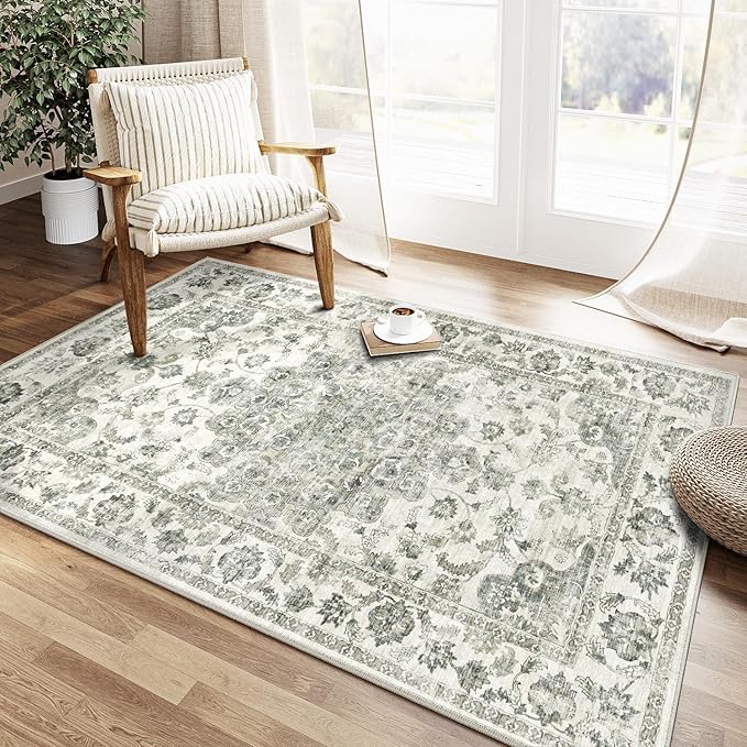 4x6 Washable Neutral Area Rug Green Vintage Entryway Office Carpet Non-Slip Soft Low Pile Floral Throw Rug for Entrance Living Room Bathroom Dining Room
