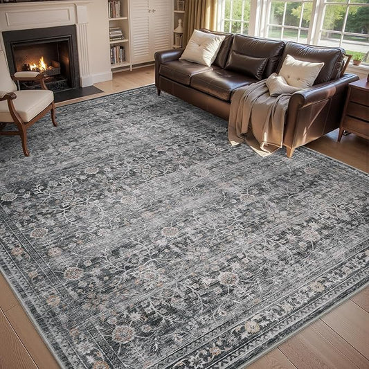 MontVoo-Vintage Area Rug 5X7 Grey Rugs for Living Room-Soft Distressed Printed Rugs for Bedroom-Non Slip Carpet-Machine Washable Rug for Dining Room Living Room Bedside Office