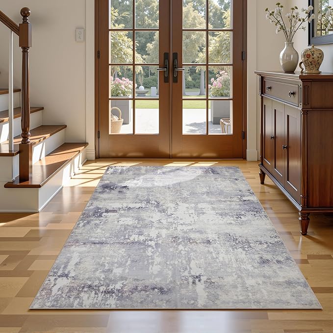 RCTJHOME 4'x6' Washable Area Rugs for Hallway, Non Slip Dining Room Rugs, Soft Low Pile Entryway Indoor Mat, Moroccan Accent Carpet for Kitchen, Living Room and Bedside, Light Grey White Watercolor