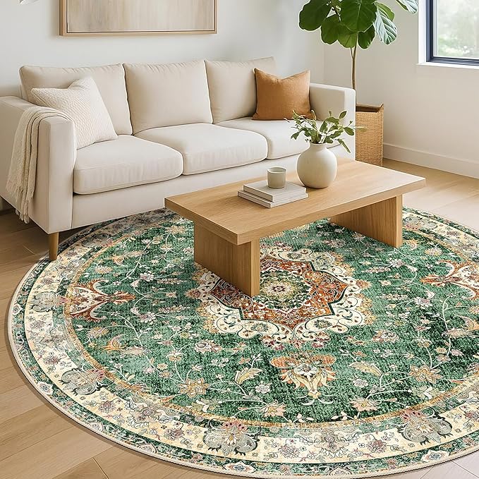 Green Round Rug 6ft,Large Circle Area Rugs for Living Room Bedroom Dining Room,Washable Boho Vintage Bohemian Distressed Oriental Floral Carpet Non Slip,Retro Sage Floral