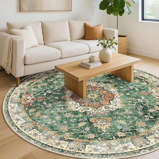 Green Round Rug 6ft,Large Circle Area Rugs for Living Room Bedroom Dining Room,Washable Boho Vintage Bohemian Distressed Oriental Floral Carpet Non Slip,Retro Sage Floral