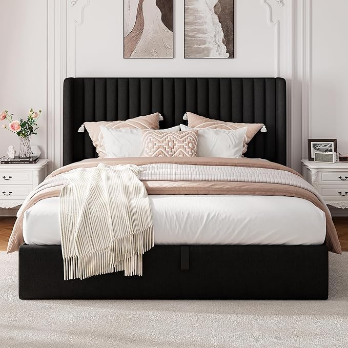 Queen Size Lift Up Storage Bed, Upholstered Platform Bed Frame with Wingback Headboard, Hydraulic System, Solid Wooden Slats Support, Noise-Free, Easy Assembly, No Box Spring Needed, Black