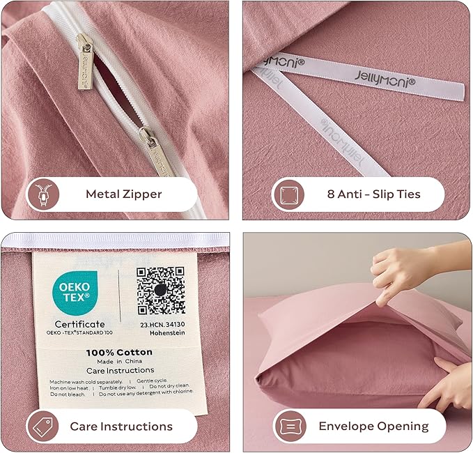 JELLYMONI Duvet Cover Full Size - 100% Washed Cotton Comforter Cover with Linen-Like Texture, Breathable & Soft Bedding for Modern Home, Guest Room and Everyday Use,1 Duvet Cover & 2 Pillowcases