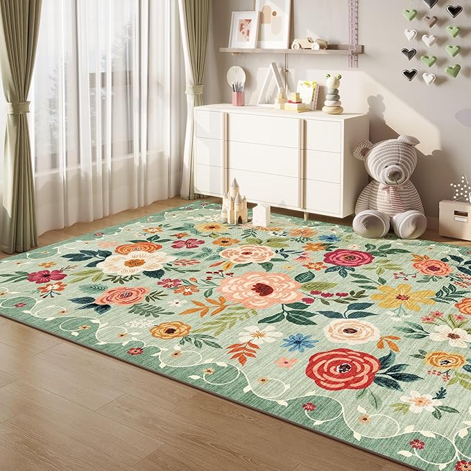 DUKINO 9x12 Area Rug, Floral Rugs for Living Room, Lightweight Non Slip Washable Rug, Indoor Low Pile & Non-Shedding Boho Design Rugs for Bedroom, Living Room, Dining Room,Green