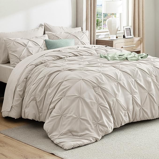 Bedsure Queen Comforter Set Linen - Bed in a Bag Queen Size Bedding 7 Pieces, GentleSoft™ Pintuck Bed Set Gift for Family, Pinch Pleat All Season Comforter with Sheets, Pillowcases & Shams