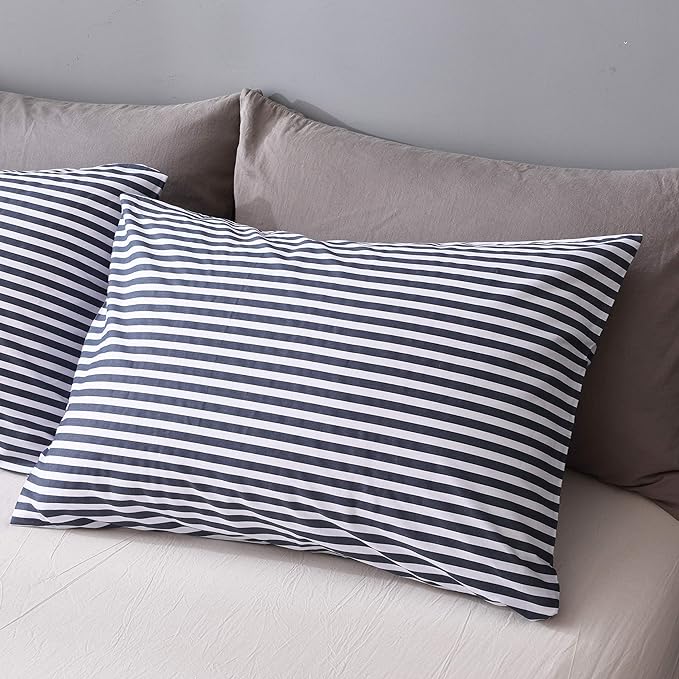 JELLYMONI 100% Natural Cotton 2pcs Striped Duvet Cover Sets,White Duvet Cover with Navy Blue Stripes Pattern Printed Comforter Cover,with Zipper Closure & Corner Ties(Twin Size)