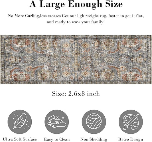 RUGSURE Washable Area Rugs - Perfect for Living Room, Bedroom, Kids Room, Nursery - Stain & Water Resistant Non-Slip, Pet & Child Friendly, Vintage Tribal Area Rugs (Turmeric and Grey, 2'6'' x 8')