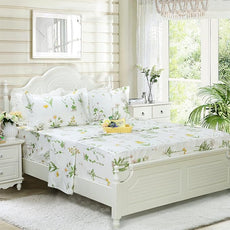 FADFAY Twin Bed Set Girls Bedding Farmhouse Bedding 100% Cotton Floral Bed Sheets Deep Pocket Flower Fitted Sheet Set Cozy House Sheets for All-Season (4Pcs, White, Twin Size)