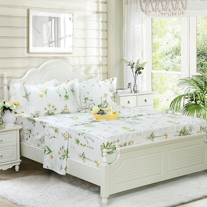 FADFAY Shabby Green Floral Sheet Set 100% Cotton Bed Sheet Set Green White Natural Hypoallergenic Bedding Set,4pcs-Queen