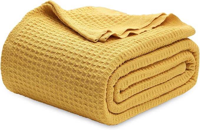 Bedsure Gentlesoft 100% Cotton Blanket Queen Size for Bed - Breathable and Soft, Thick Cozy Waffle Weave Christmas Blanket Gift for Women, Mustard Yellow, 90x90 Inches