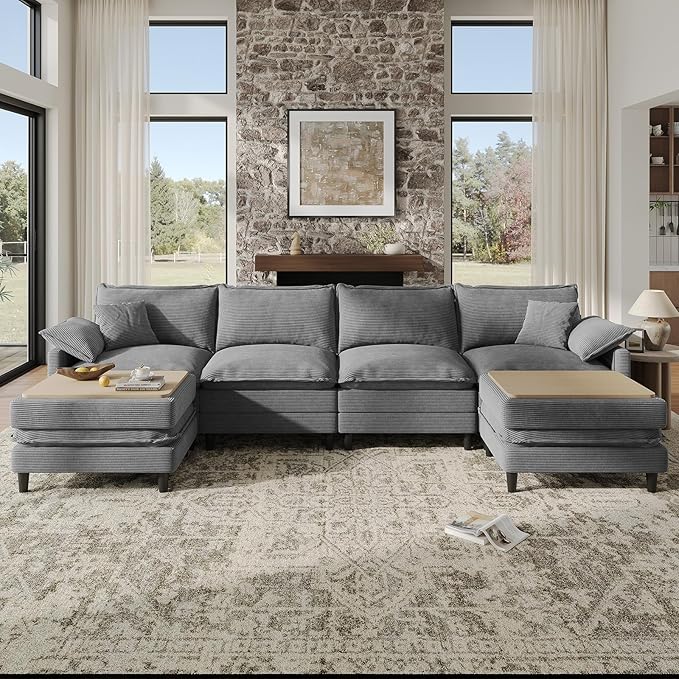 143" U Shaped Modular Sectional Cloud Couch with Two Ottoman