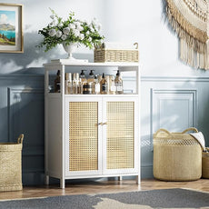 HITNET Bamboo Cabinet, Rattan Storage Cabinet with Doors, Freestanding Floor Cupboard for Bathroom, Living Room, Hallway, White