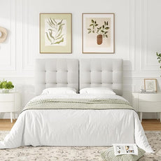 Upholstered Headboard Queen Size, Adjustable Height Queen Headboard Only from 39”to 44”with Durable Solid Wood Legs, Modern Button Diamond Fabric Bed Head Board with Width Adapters, Beige