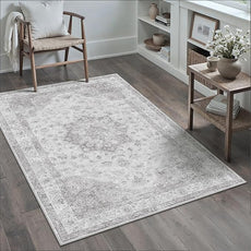 Grey Gray Area Rug 4x6 Washable Vintage Carpet for Office Living Room Soft Retro Low Pile Thin Indoor Rug Non Slip Oriental Medallion Floor Cover for Bedroom Kitchen Dining Room
