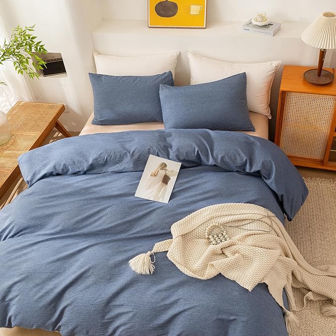 ECOCOTT Denim Blue Duvet Cover Queen Size, 100% Washed Cotton 1 Duvet Cover with Zipper and 2 Pillowcases, Ultra Soft and Easy Care Breathable Cozy Bedding Set (Denim Blue, Queen)