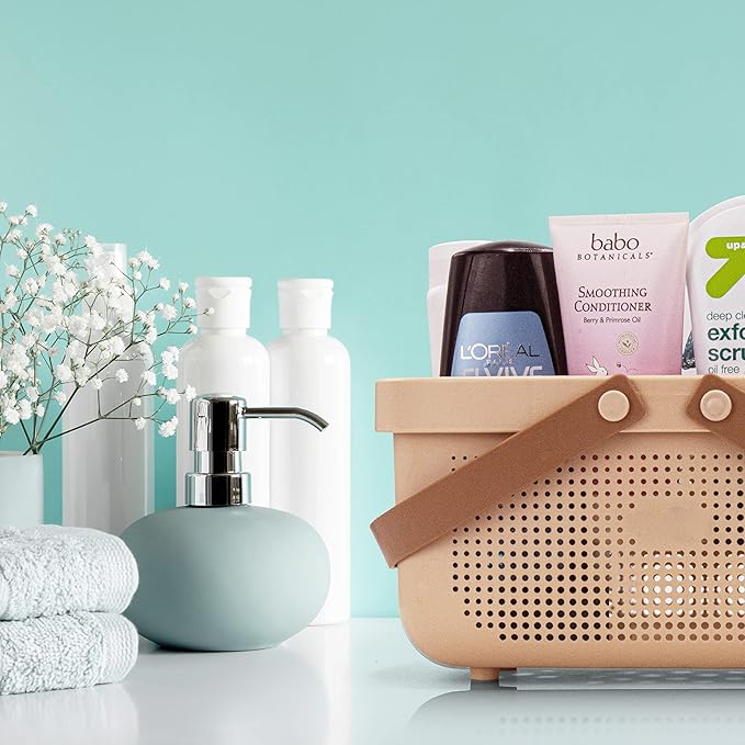 Brookstone BKH1634, Large Portable Shower Caddy with Soft Silicone Carrying Handle, Bathroom Organizer Basket, Plastic Bath Tote, Dries Quickly with Drainage Holes [BPA Free], Blush Color