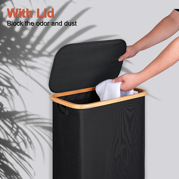 efluky Slim Laundry Basket with Lid, Narrow Laundry Hamper with Removable Bag, Skinny Dirty Clothes Basket with Bamboo Handles for Bathroom, Bedroom & Laundry Room, 75L Black
