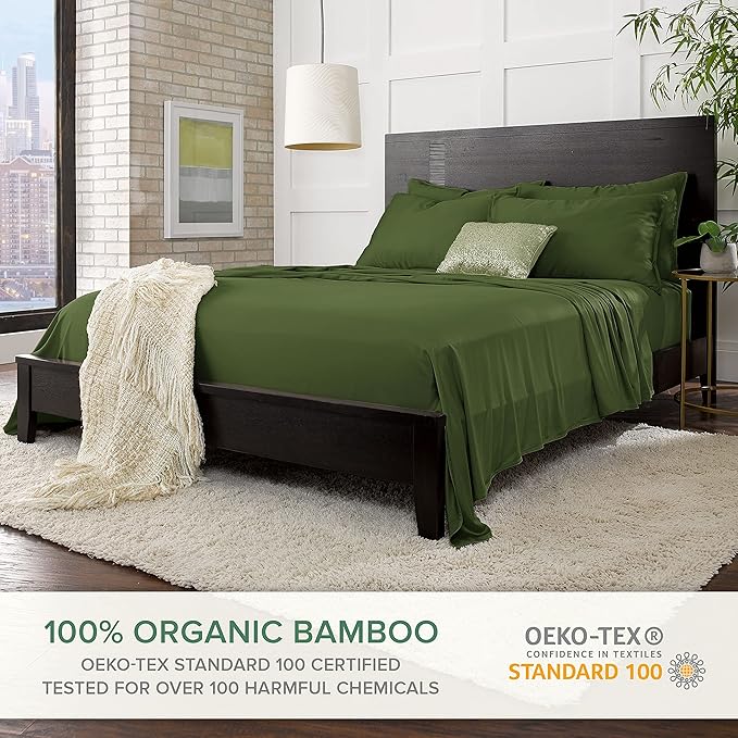 Pure Bamboo Full Sheets, Genuine 100% Organic Viscose Derived from Bamboo Bed Sheet Set, Luxuriously Soft & Cooling, Double Stitching, 2 Year Quality Promise (Full, Pesto)