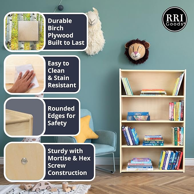 Classic Birch Book Shelf, Wooden Wall Organizer for Books, Toys, Office, and Kids Supplies, Natural (4 Tier - 48")