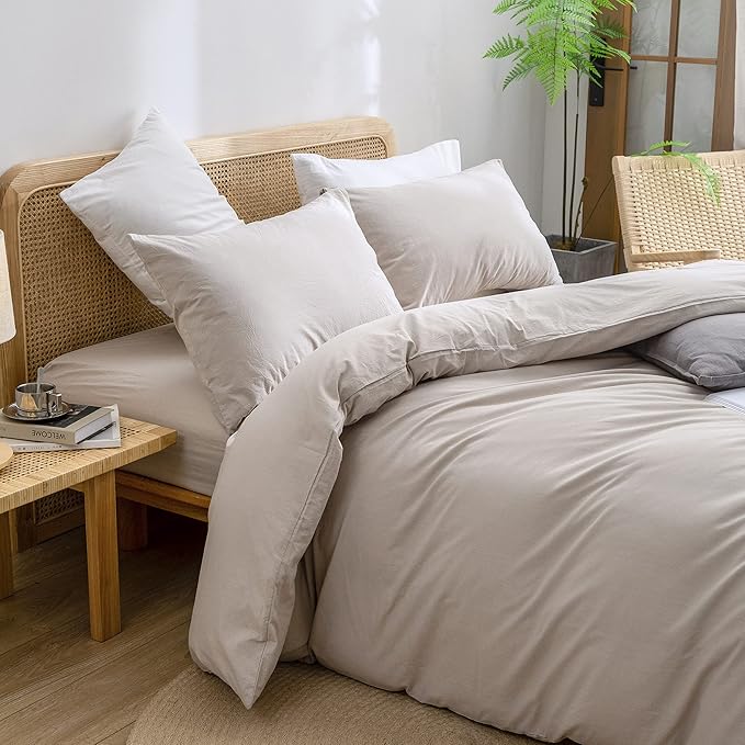 BESTOUCH Duvet Cover Set 100% Washed Cotton Linen Feel Super Soft Comfortable Chic Lightweight 3 PCs Home Bedding Set Solid Linen Grey Super King Plus