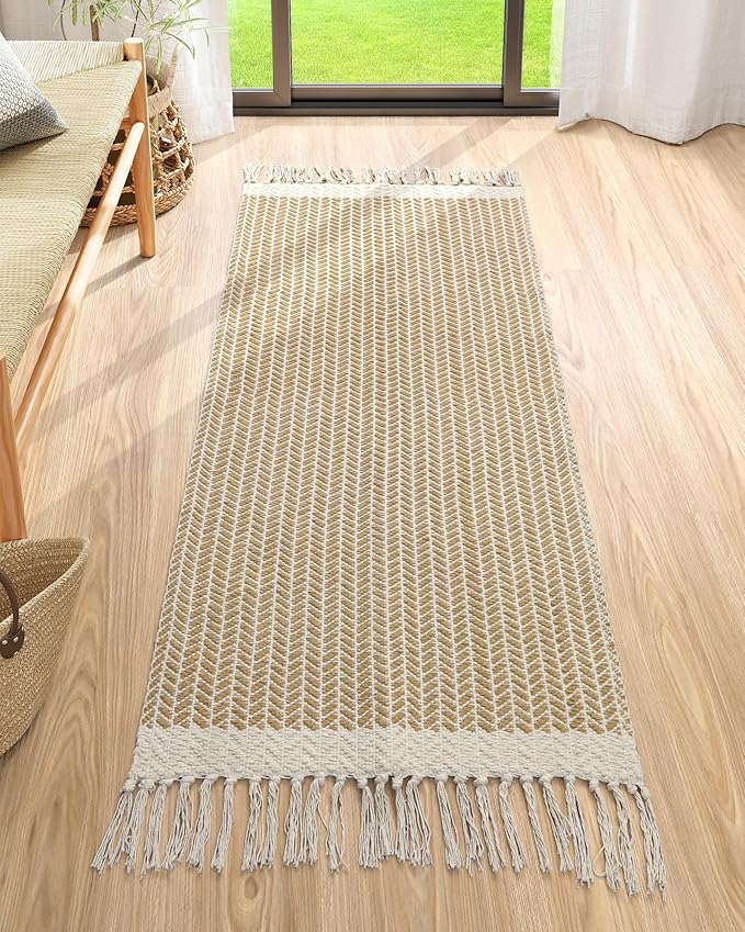 Lahome Boho Bathroom Runner Rug, 2x5 Hallway Runner Rugs Washable Rugs for Entryway Indoor Door Mat with Tassels, Farmhouse Woven Cotton Low Pile Rug Runners for Hallways Laundry Room, Khaki