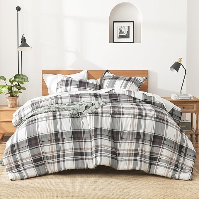 Andency Gray Brown Black Plaid Comforter Set Twin(66x90 Inch), 2 Pieces Grid Gingham Stripes Bedding Comforter Sets for Boys Girls Kids Teens, Preppy Geometric Line Soft Lightweight Reversible Bed Set