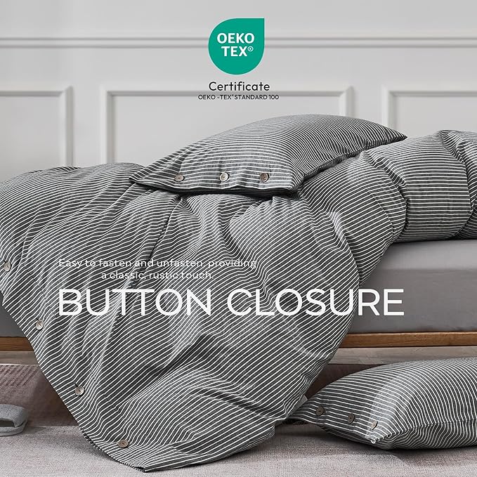 JELLYMONI Cotton Duvet Cover Twin Size - Black Vertical Pinstriped Comforter Cover with Button 100% Washed Cotton 2PCS Breathable Soft Solid Bedding Set Duvet Cover 68×90in & 1 Pillowcase (NO Insert)