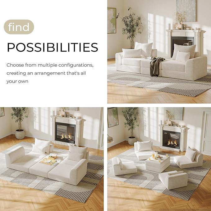 Modular loveseat with Ottoman, L-Shape Boneless Couch, Customizable Sectional Couch, Free Combination Design Sleeper Sofa, Cloud Mist