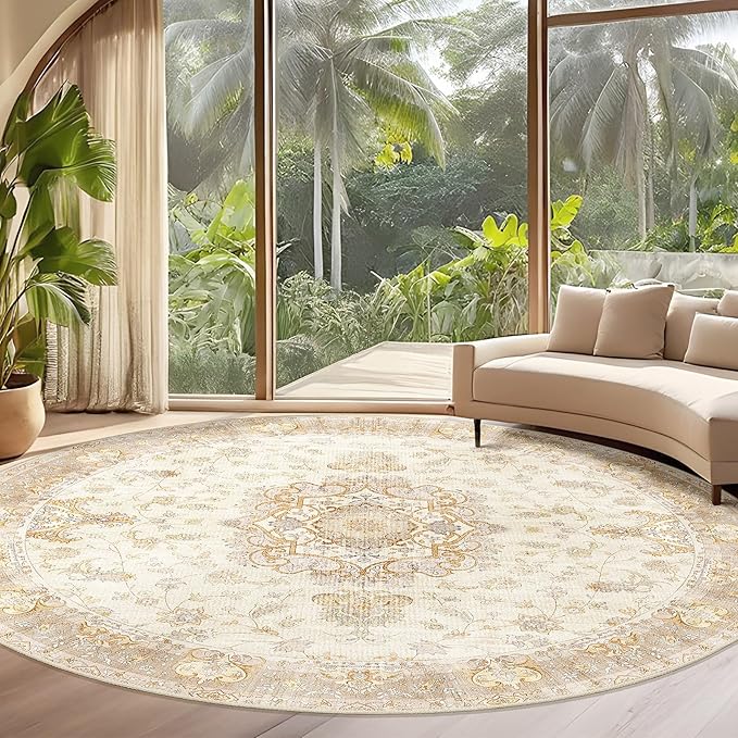 Large Boho Round Rug 9ft, Beige Circle Area Rugs for Bedroom Living Room,Washable Vintage Bohemian Distressed Oriental Floral Carpet Non Slip,Retro Gold Floral