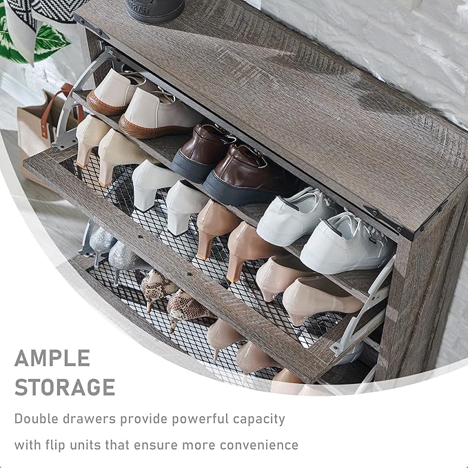 JXQTLINGMU Shoe Cabinet with 2 Flip Drawers, Farmhouse Shoe Storage Cabinet with Mesh Doors and Adjustable Shelves, Rustic Wooden Shoe Organizer, Small Shoe Cabinet Storage for Entryway, Grey