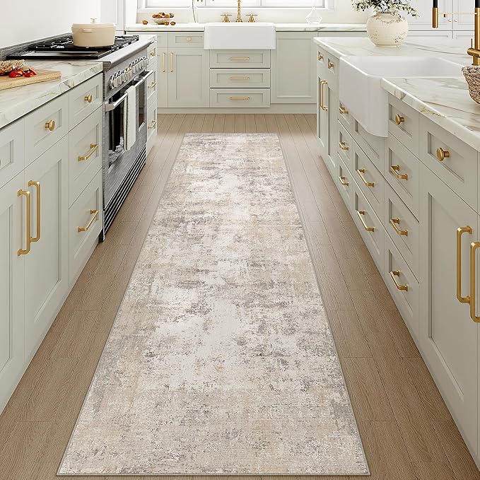 3x10 Washable Runner Rug Beige Grey Abstract Hallway Kitchen Throw Rug Neutral Modern Non Slip Soft Low Pile Carpet for Bathroom Laundry Bedroom Living Room