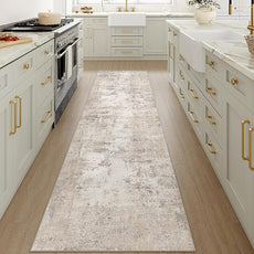 2'6x12 Washable Runner Rug Beige Grey Abstract Hallway Kitchen Throw Rug Neutral Modern Non Slip Soft Low Pile Carpet for Bathroom Laundry Bedroom Living Room