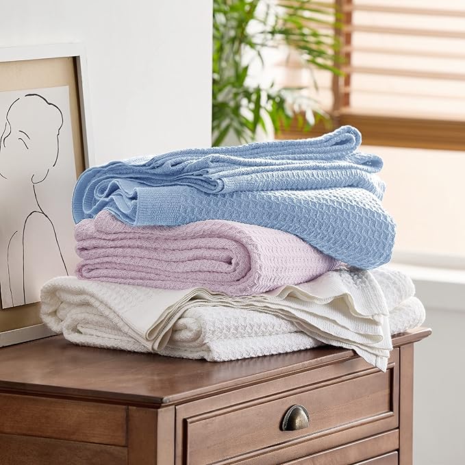 Bedsure Gentlesoft 100% Cotton Blanket Twin XL Size for College Dorm - Breathable and Soft, Waffle Weave Twin Blanket for Summer, Dorm Room Essentials, Sky Blue, 66x90 inches