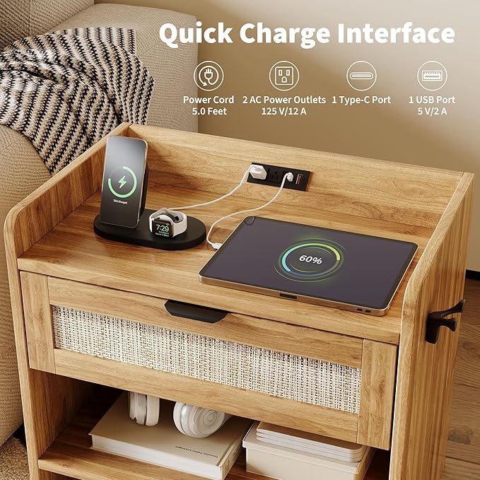 Rattan Nightstand, Bedside Table with Type-C Charging Station - 1 Storage Drawer & Open Storage Space, Boho End Table Side Table for Bedroom Office, Large Night Stand with Charging Port
