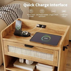 Rattan Nightstand, Bedside Table with Type-C Charging Station - 1 Storage Drawer & Open Storage Space, Boho End Table Side Table for Bedroom Office, Large Night Stand with Charging Port