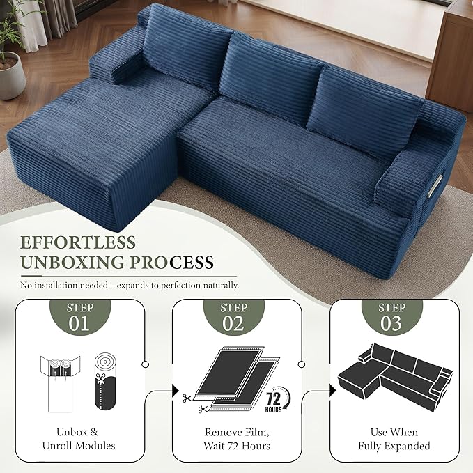 96''Sectional Couches for Living Room,Modern Modular Sectional Sofa,Upholstered Boneless Couch with Pockets,Comfy Cloud Couch with L Shaped Chaise (Blue, 96''W Left Facing Chaise)