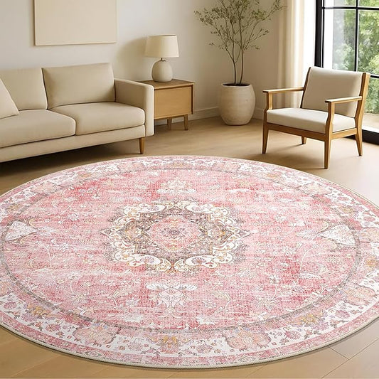 Pink Round Rug 6ft,Large Circle Area Rugs for Living Room Bedroom Dining Room,Washable Boho Vintage Bohemian Distressed Oriental Floral Carpet Non Slip,Blush Floral Flowers