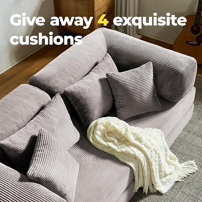 78 Inch Convertible Sofa Bed, Corduroy Boneless Couch with Fixed Frame and 4 Pillows, Modular Sectional Couch for Living Room Bedroom Studio Floor Bed Loveseat Sofa (Grey)