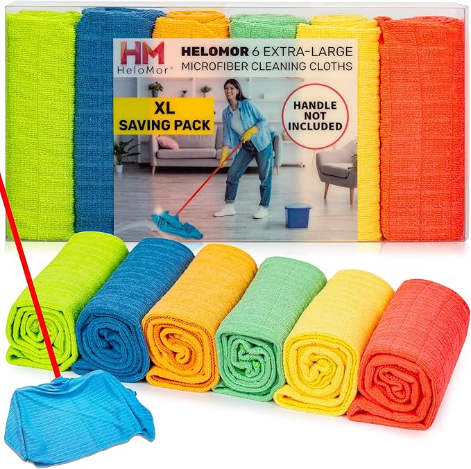 HELOMOR 6 Extra Large Floor Microfiber Cleaning Clothes, 30"x18" for Squeegee Mop, Multi-Purpose Color Rags, Reusable for House Floor Kitchen Car Window Highly Absorbent, Lint and Streak Free