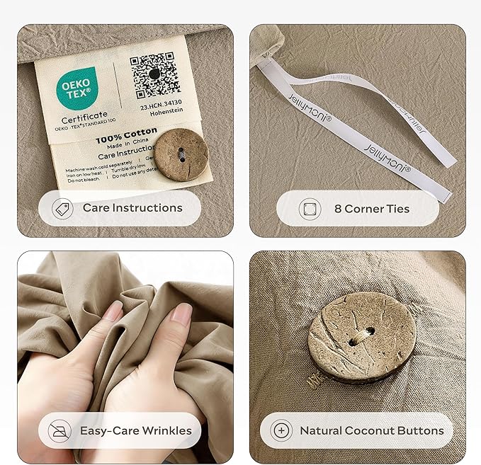 JELLYMONI 100% Washed Cotton Duvet Cover Twin – Soft, Breathable Linen-Look Bedding with Natural Wrinkle Texture, Button Closure, 3-Piece Set (Dusty Khaki, 68"x90")