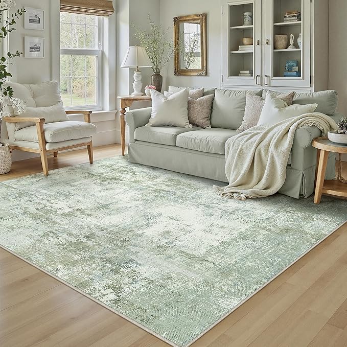 5x7 Washable Area Rug Sage Green Abstract Living Room Bedroom Carpet Neutral Modern Non-Slip Soft Low Pile Lightweight Vacuumable Throw Rug for Dining Room Entryway