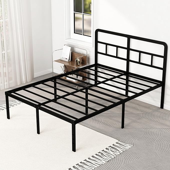 18 Inch Full Size Bed Frame with Headboard No Box Spring Needed, Heavy Duty Metal Platform with Steel Slat, Mattress Foundation, Easy Assembly, Noise Free, Black