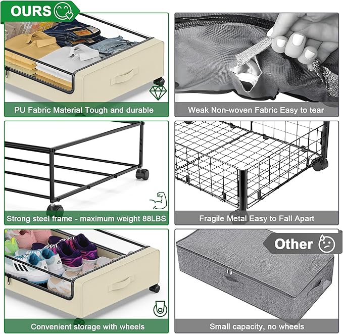 Beborxue Under Bed Storage with Wheels, 4-Pack Under Bed Storage Containers with Clear Lids, XXL 60L Under Bed Shoe Storage Organizer, Rolling Underbed Storage for Clothes, Shoes, Blankets (Beige)