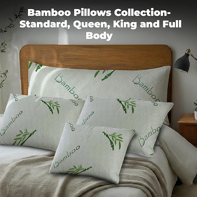 OMEO 2 Pack Standard Size Rayon Derived from Bamboo Pillow for Sleeping Shredded Memory Foam Bed Pillows for Side, Back and Stomach Sleepers, Soft, Cooling, Adjustable and Washable Cover 20" x 26"