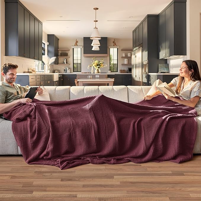 Bedsure Gentlesoft 100% Cotton Blanket Queen Size for Bed - Breathable and Soft, Thick Cozy Waffle Weave Christmas Blanket Gift for Women, Burgundy, 90x90 Inches