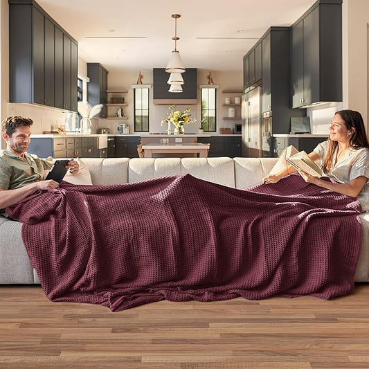 Bedsure Gentlesoft 100% Cotton Blanket Queen Size for Bed - Breathable and Soft, Thick Cozy Waffle Weave Christmas Blanket Gift for Women, Burgundy, 90x90 Inches