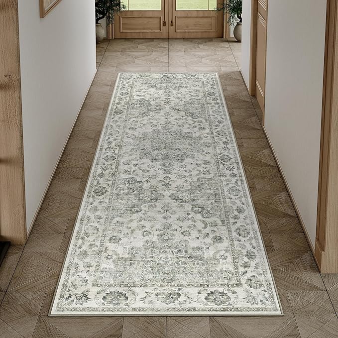 2x6 Washable Neutral Runner Rug Green Vintage Hallway Kitchen Carpet Non-Slip Soft Low Pile Floral Throw Rug for Bedroom Bathroom Laundry Living Room