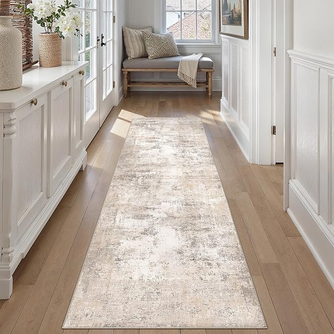 3x7 Washable Runner Rug Beige Grey Abstract Hallway Kitchen Throw Rug Neutral Modern Non Slip Soft Low Pile Carpet for Bathroom Laundry Bedroom Living Room